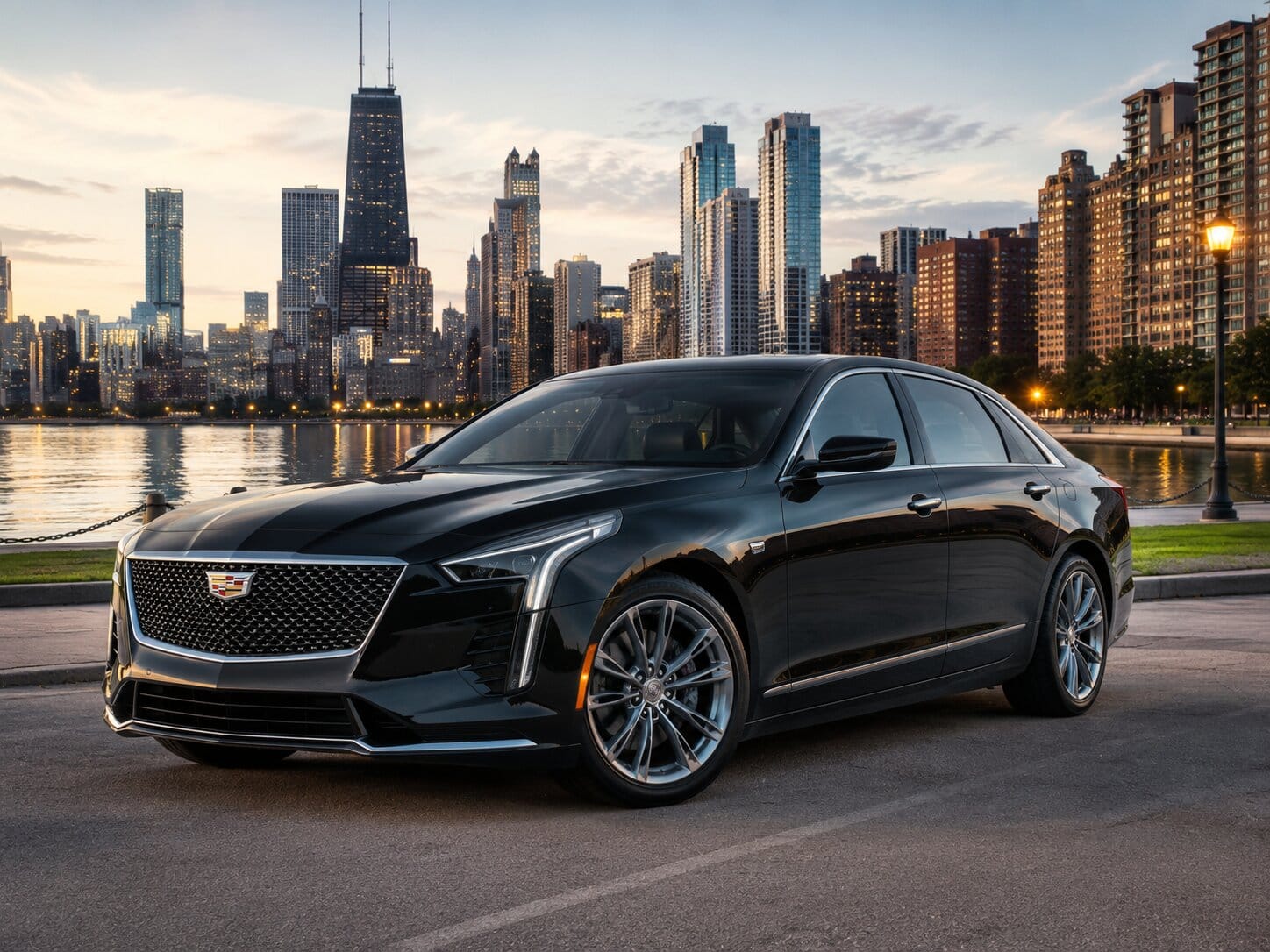 Black Luxury Sedan Skyline Black luxury sedan with a city skyline at night