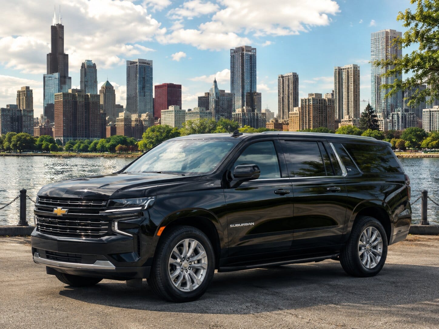 Black SUV Lakefront Evening Milwaukee to Chicago limo — black luxury SUV bound for downtown Chicago