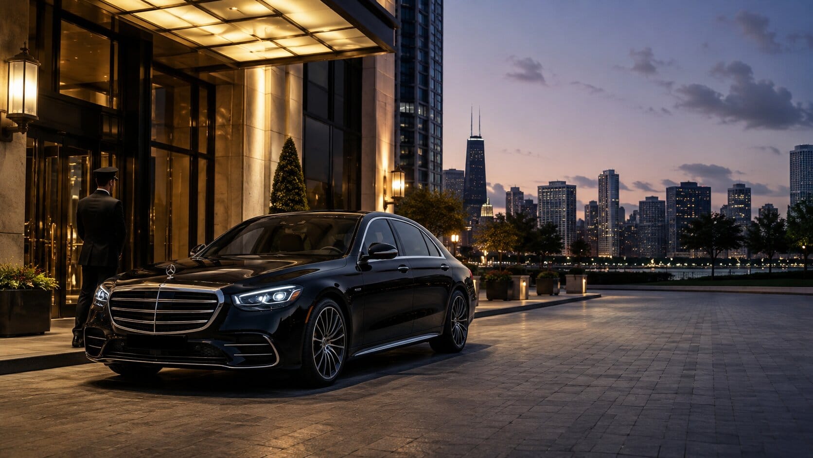 Luxury Sedan Dusk Skyline Chicago to Madison limo — luxury sedan at dusk for the drive to the capital