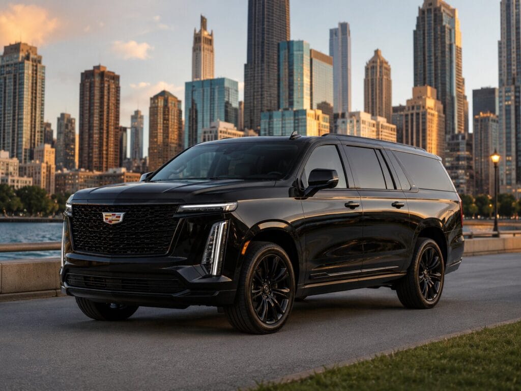 Luxury SUV City Skyline Sedan against the Chicago skyline at dusk for a Milwaukee to Chicago ride