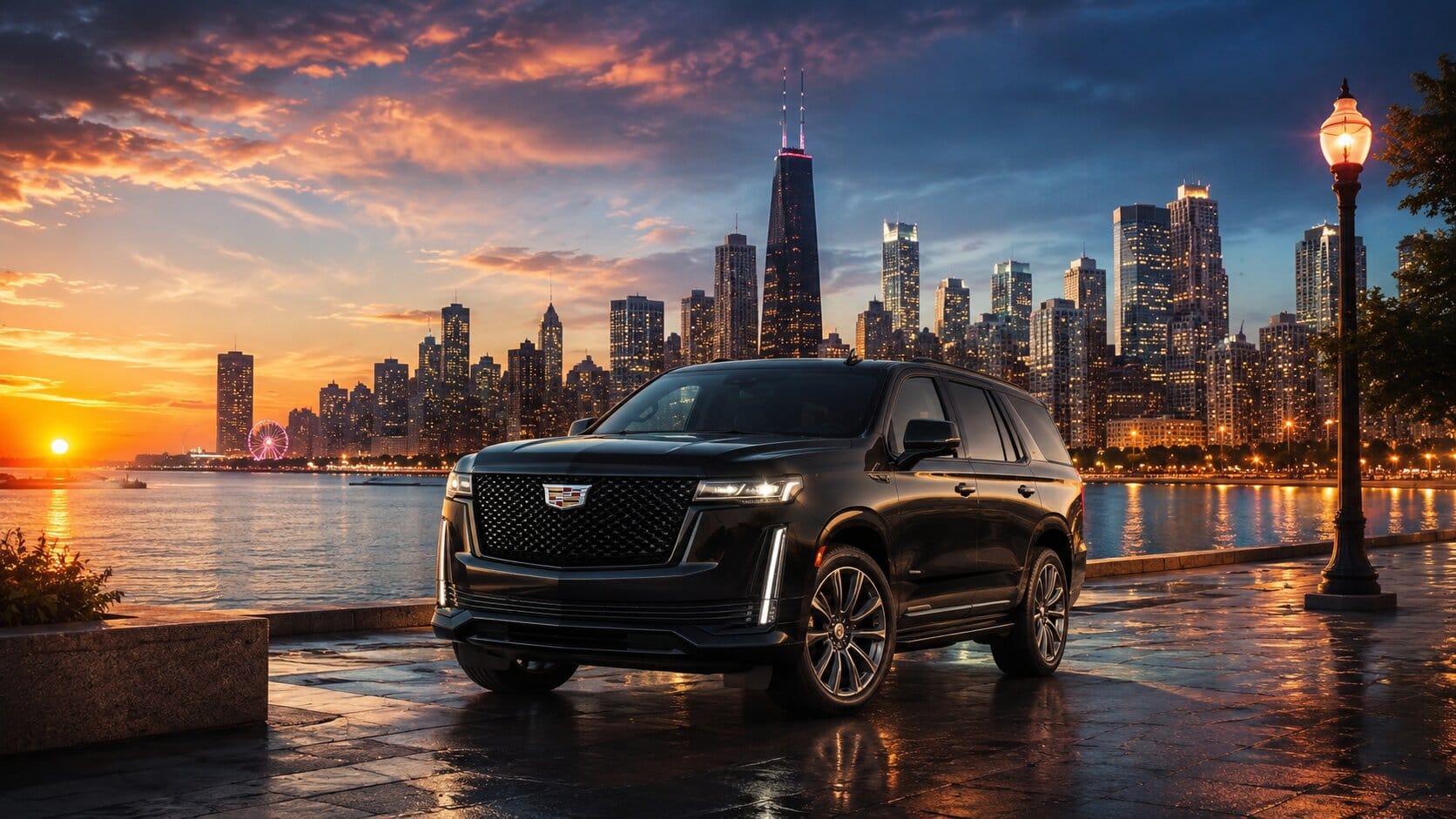 Luxury SUV Sunset Cityscape Madison to Chicago limo — luxury SUV for the drive to the city