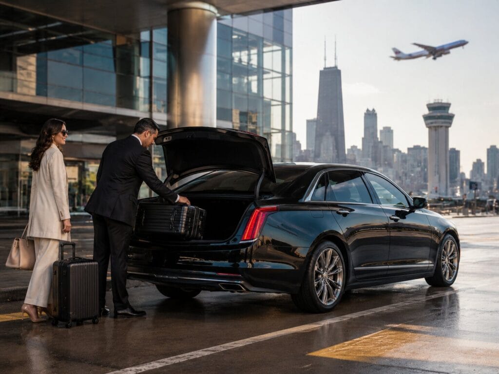 Milwaukee to O’Hare airport transfer — chauffeur loading luggage at O’Hare Luxury vehicle on I-94 for the Chicago to Milwaukee journey