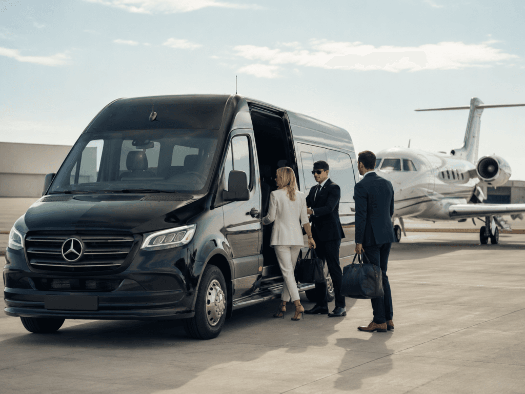 Milwaukee to O’Hare group airport pickup by Sprinter van Private airport limo — plush leather interior of an exclusive chauffeured sedan