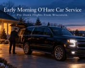 Early morning O'Hare car service: black SUV and chauffeur loading luggage outside a Wisconsin home before dawn for a flight to O'Hare