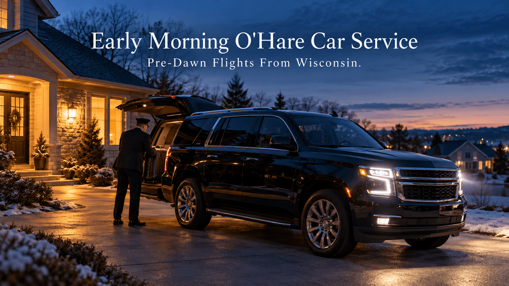 Early morning O'Hare car service: black SUV and chauffeur loading luggage outside a Wisconsin home before dawn for a flight to O'Hare