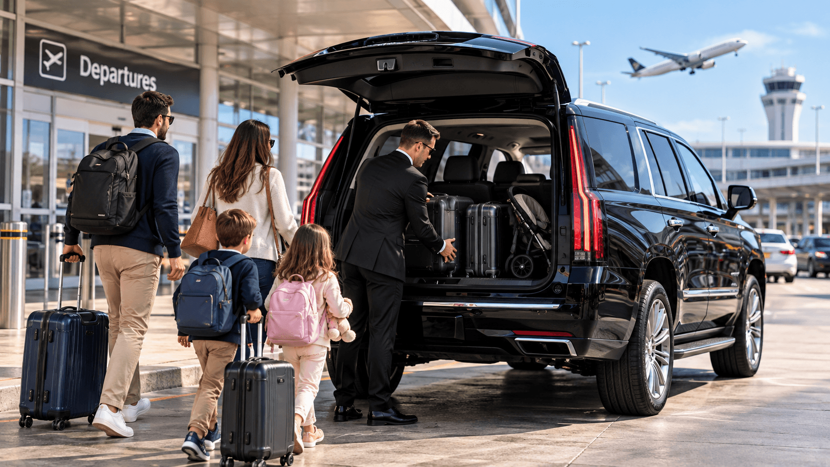 Family Airport Travel from Wisconsin to O’Hare Family airport travel from Wisconsin to O'Hare with parents, children, luggage and a black luxury SUV ready for private airport transportation.