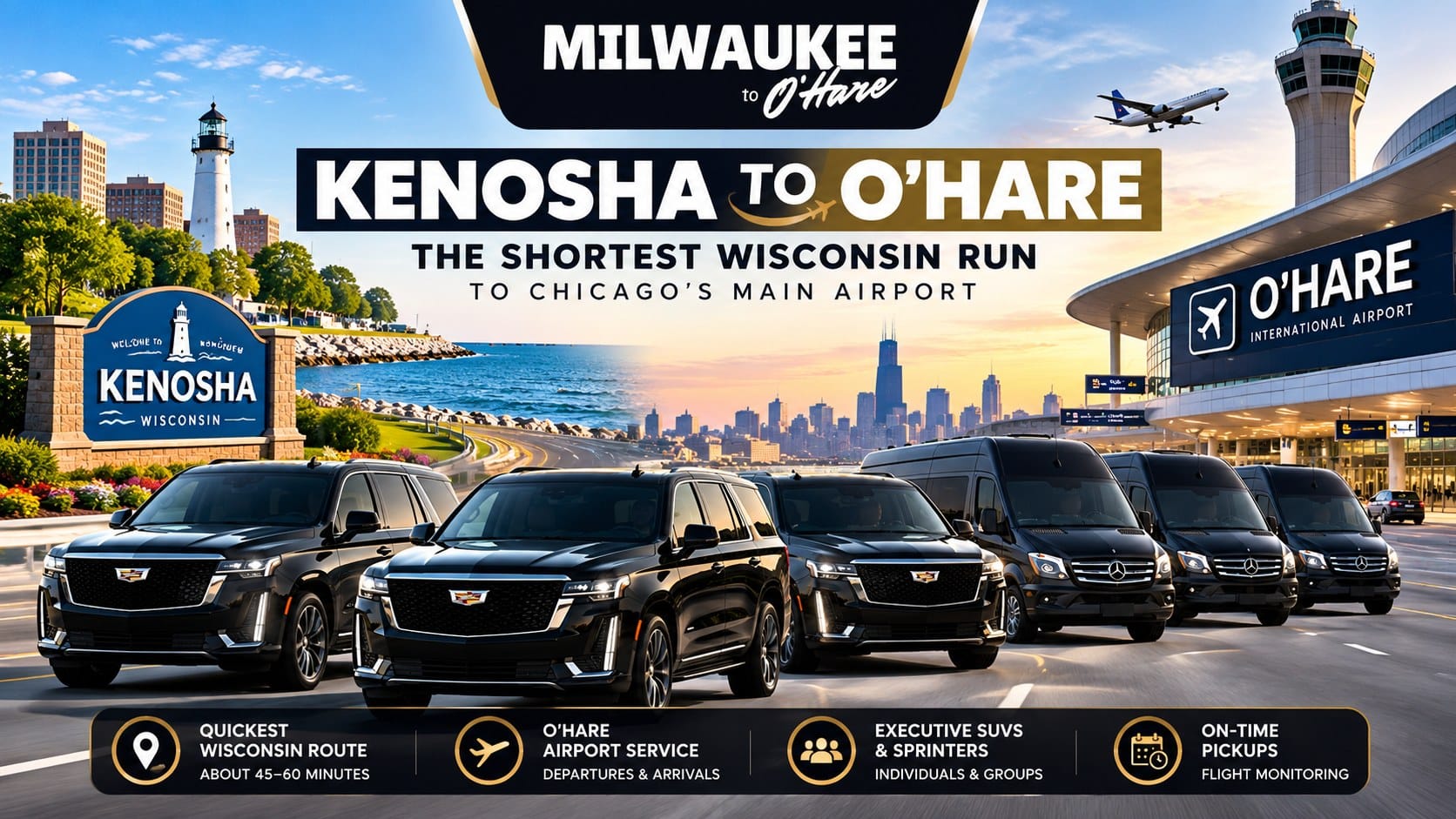 kenosha-to-ohare-car-service Kenosha to O'Hare car service by Milwaukee to O'Hare, Cadillac Escalades and Mercedes Sprinter vans at the O'Hare terminal