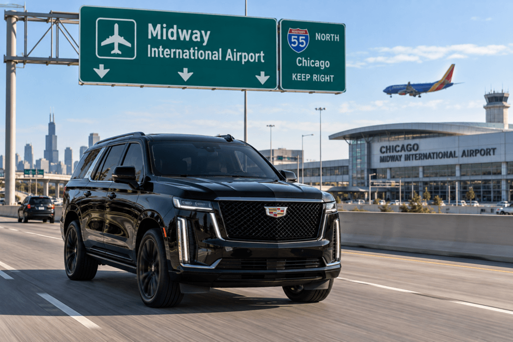 lake geneva to midway airport Luxury vehicle on the highway for the Lake Geneva to Midway drive