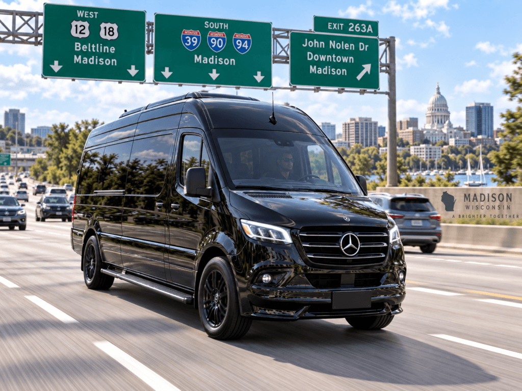 Long-distance limo service — executive SUV on the highway for an intercity ride