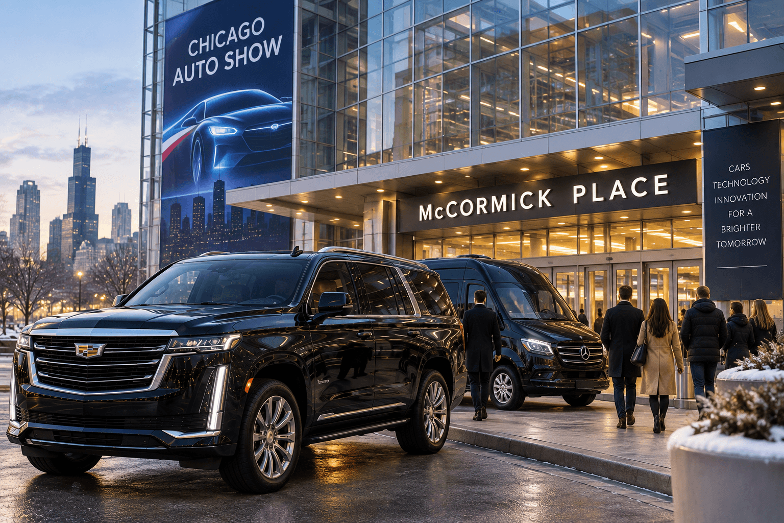 Milwaukee to Chicago Auto Show 2027 transportation with a black luxury SUV outside McCormick Place