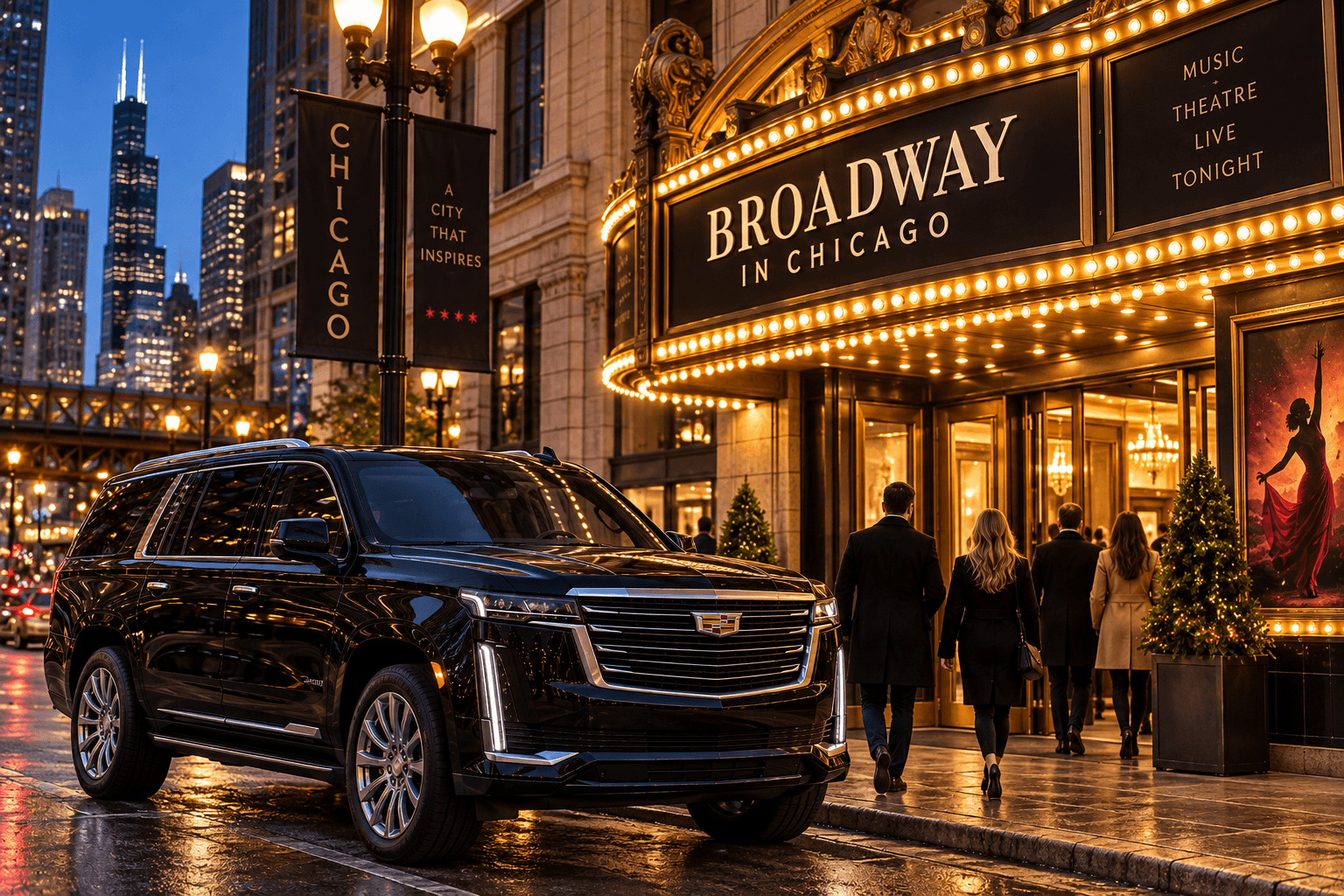 Milwaukee to Chicago Broadway shows transportation with a black luxury SUV outside a downtown Chicago theatre