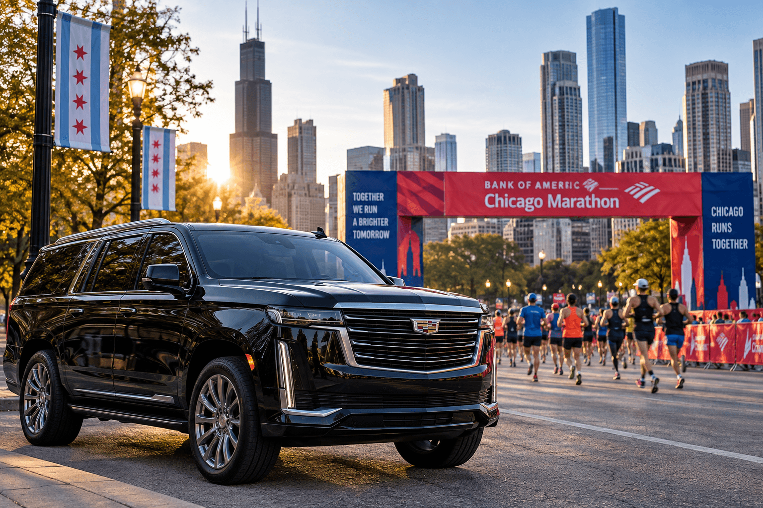 Milwaukee to Chicago Marathon 2026 transportation with black luxury SUV near downtown Chicago