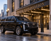Milwaukee to Chicago Union Station car service with a black Cadillac Escalade outside Chicago Union Station
