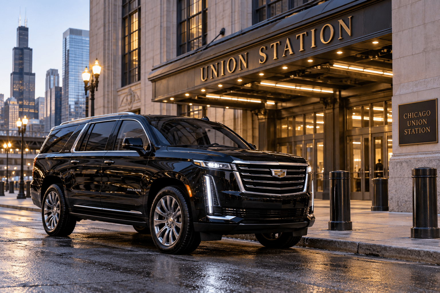 Milwaukee to Chicago Union Station Car Service Milwaukee to Chicago Union Station car service with a black Cadillac Escalade outside Chicago Union Station