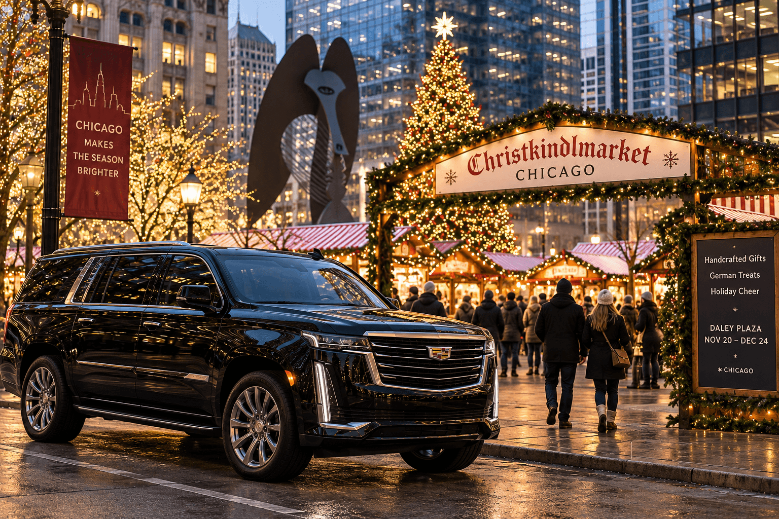 Milwaukee to Christkindlmarket Chicago transportation with a black luxury SUV during the holiday season