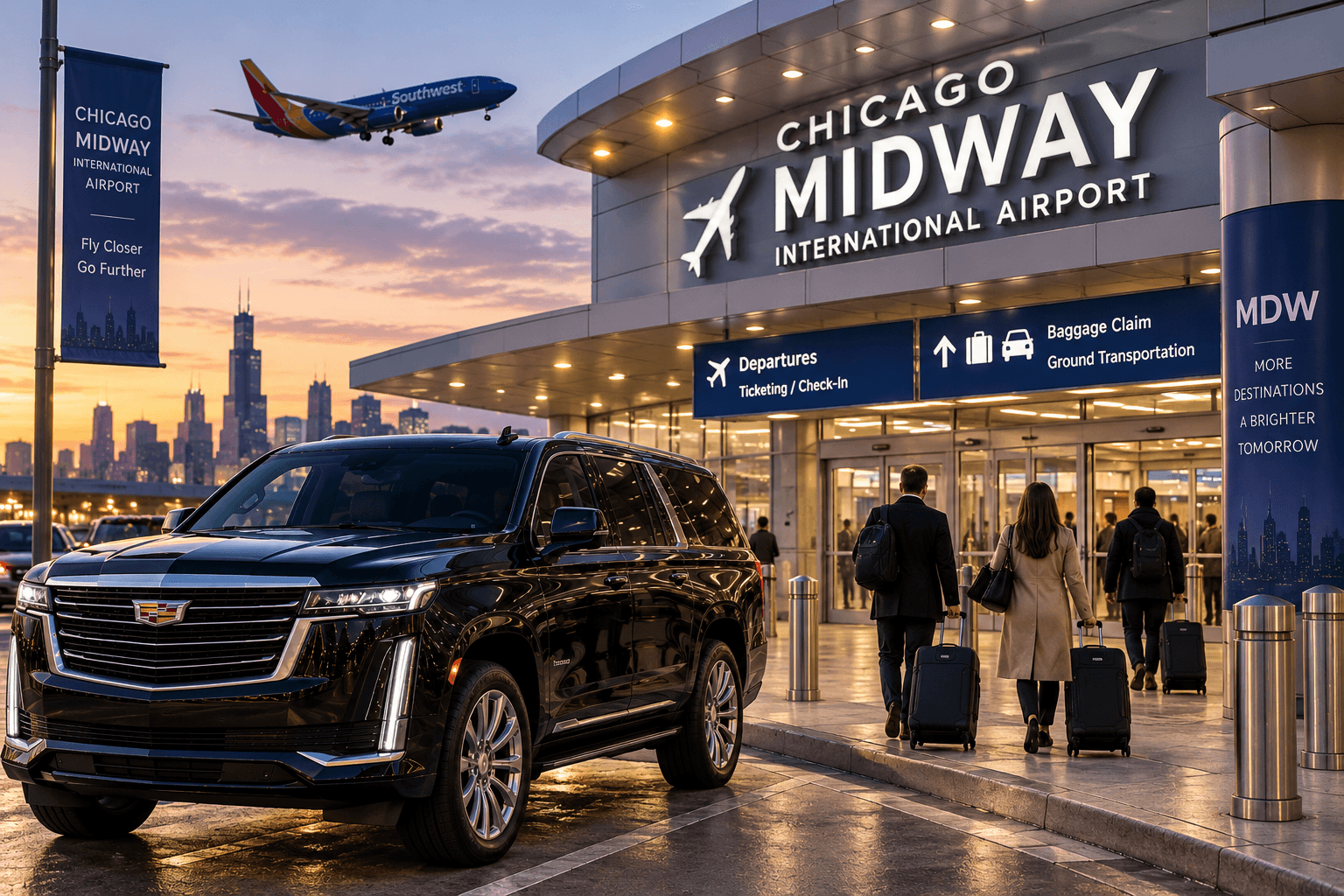 Milwaukee to Midway Airport transportation with a black luxury SUV arriving at Chicago MDW