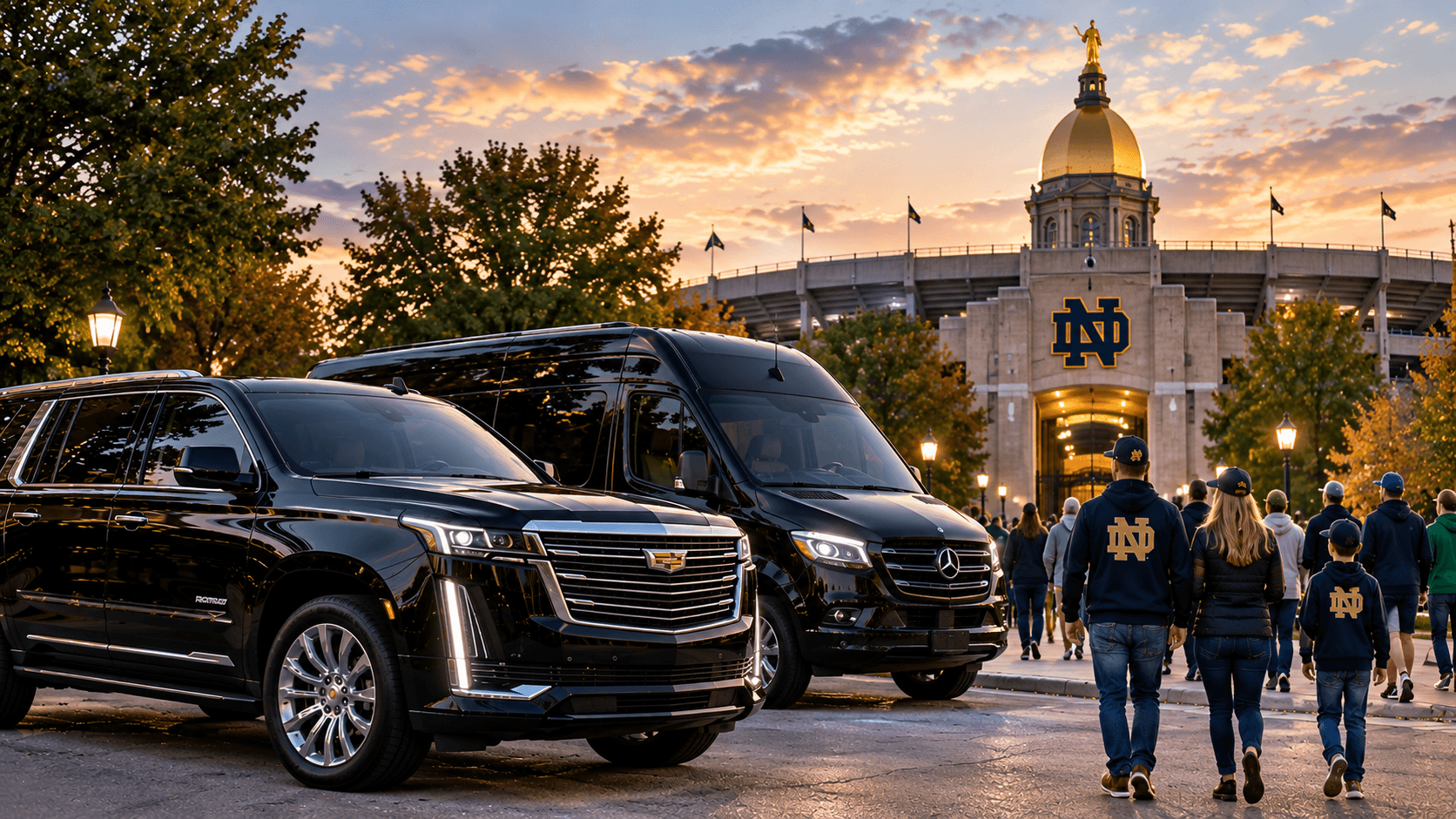 Milwaukee to Notre Dame Game Transportation Milwaukee to Notre Dame game transportation with luxury SUV and Sprinter for Wisconsin football fans traveling to South Bend