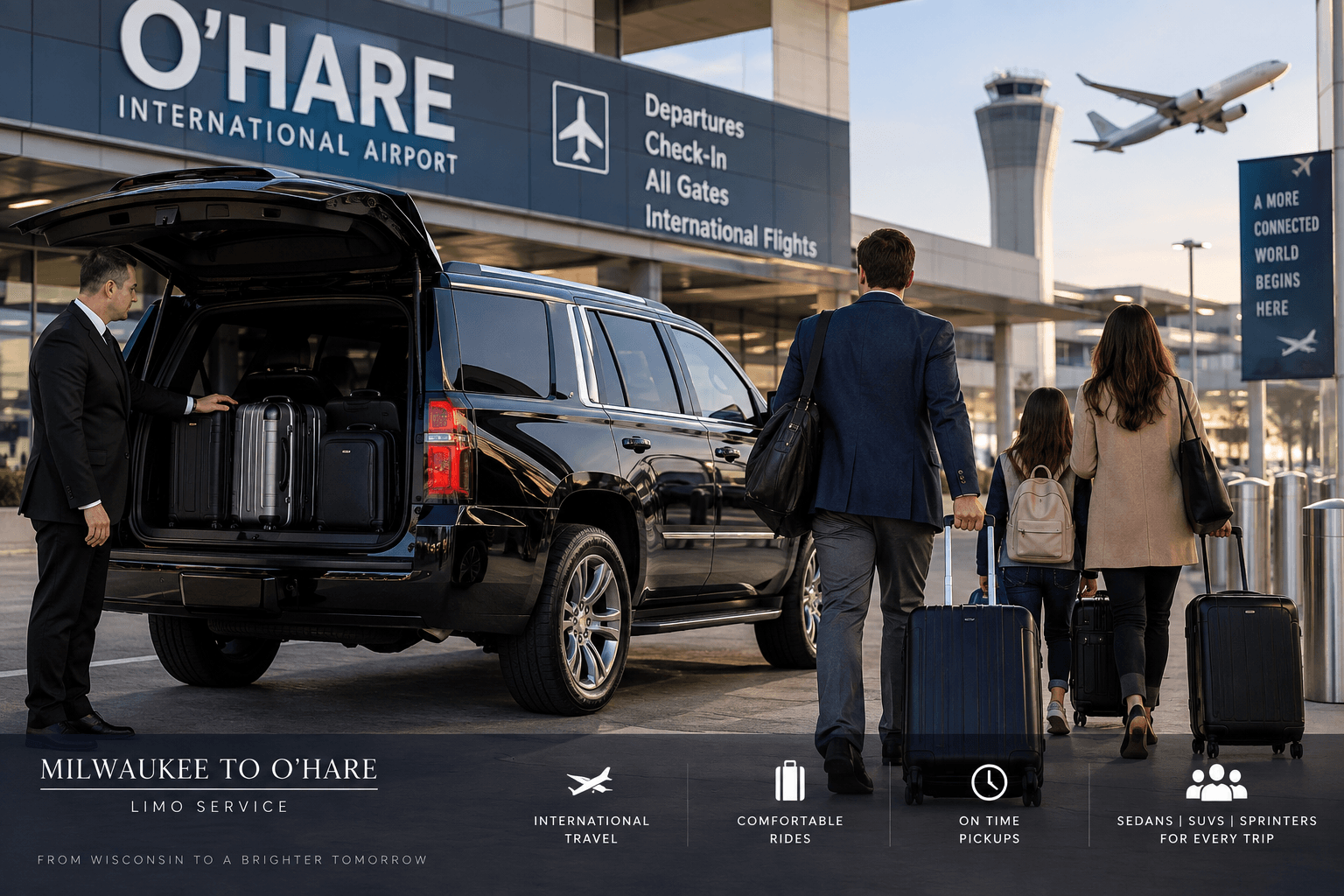 Milwaukee to O’Hare International Flight Milwaukee to O’Hare international flight transportation with black luxury SUV and luggage for ORD departure