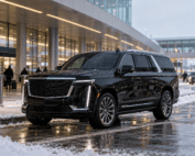 Milwaukee to O’Hare winter travel with black Chevrolet Suburban during snowy airport conditions