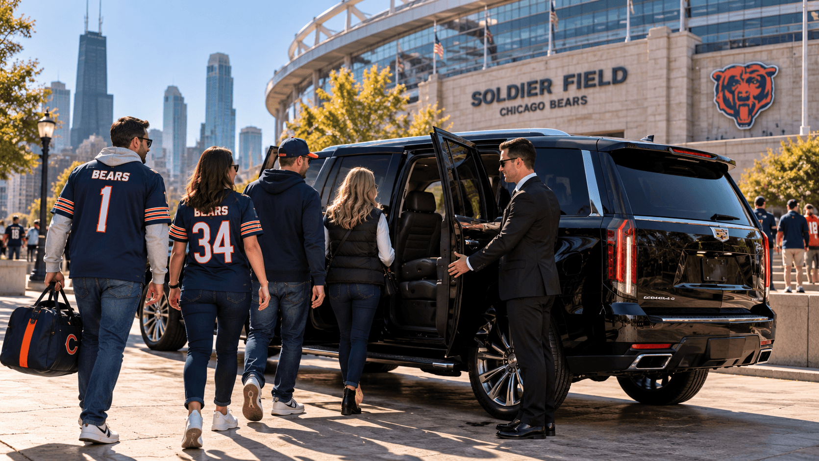 Milwaukee to Soldier Field limo service with a black luxury SUV and professional chauffeur preparing Wisconsin Bears fans for a Chicago game-day ride.