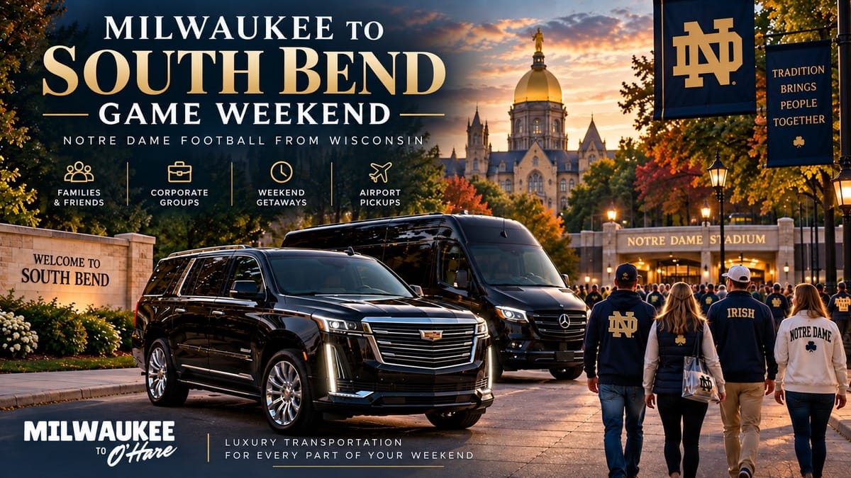 Milwaukee to South Bend game weekend transportation with luxury SUV and Mercedes Sprinter for Notre Dame football fans from Wisconsin