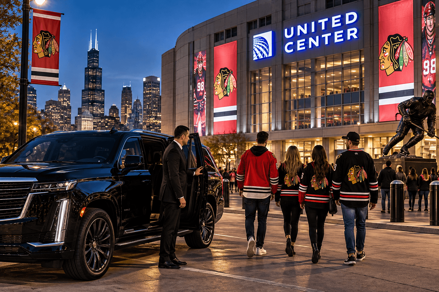 Milwaukee to United Center Transportation Milwaukee to United Center transportation with black luxury SUV for a Chicago Blackhawks game