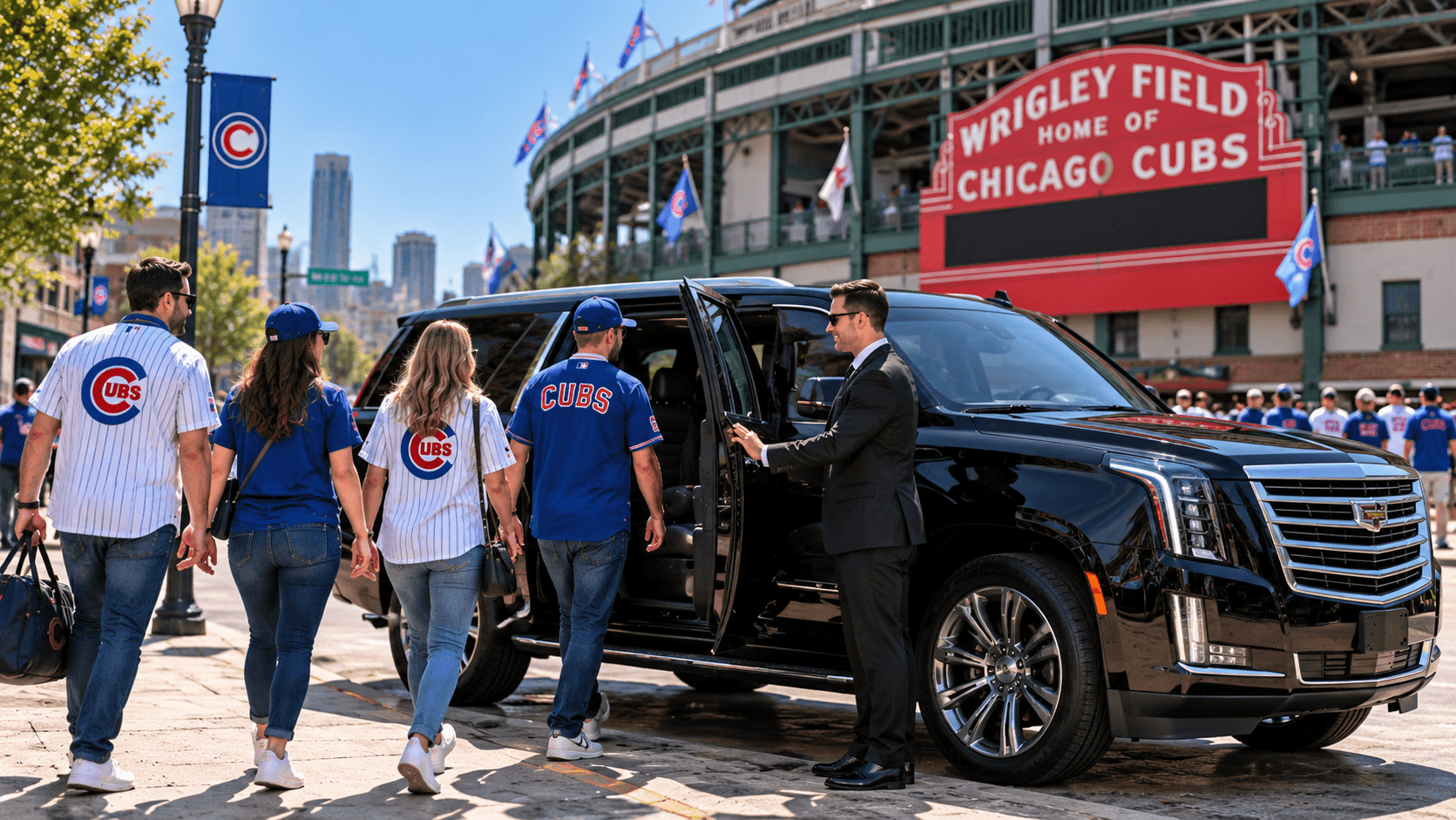 Milwaukee to Wrigley Field limo service with a black luxury SUV and professional chauffeur bringing Wisconsin Cubs fans to Chicago for game day.