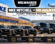 MKE Mitchell airport to Milwaukee car service by Milwaukee to O'Hare, Cadillac Escalades and Mercedes Sprinter vans at the arrivals curb