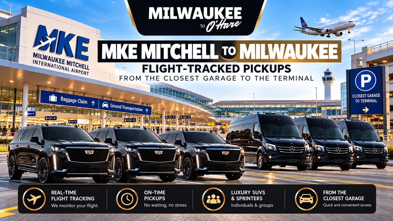 MKE Mitchell airport to Milwaukee car service by Milwaukee to O'Hare, Cadillac Escalades and Mercedes Sprinter vans at the arrivals curb