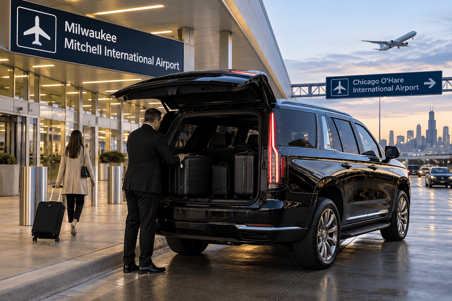 MKE to O’Hare airport transfer with a black luxury SUV traveling from Milwaukee Airport to ORD