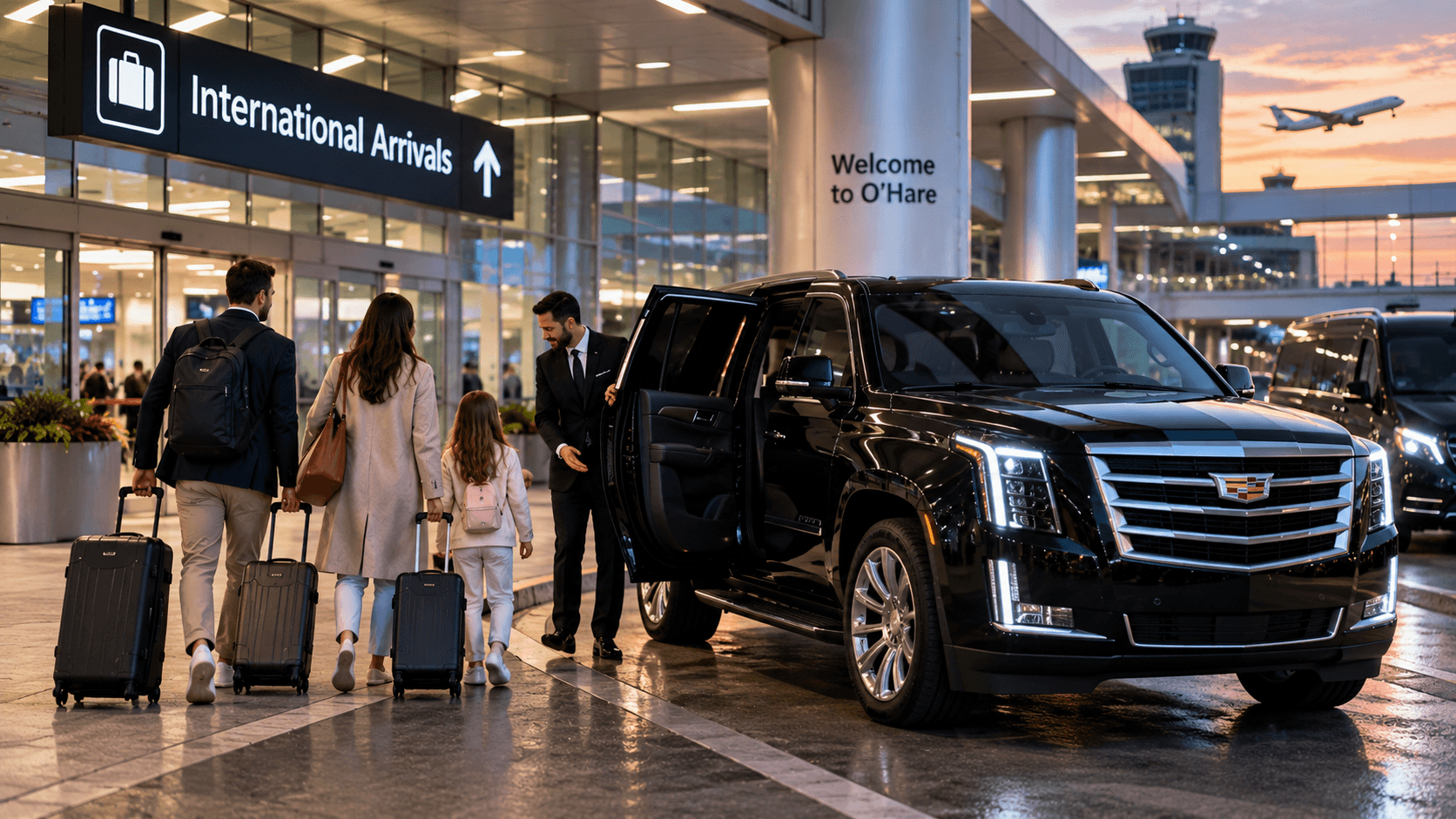 O’Hare international arrivals to Wisconsin with a luxury black SUV and professional chauffeur waiting for passengers after customs at ORD.