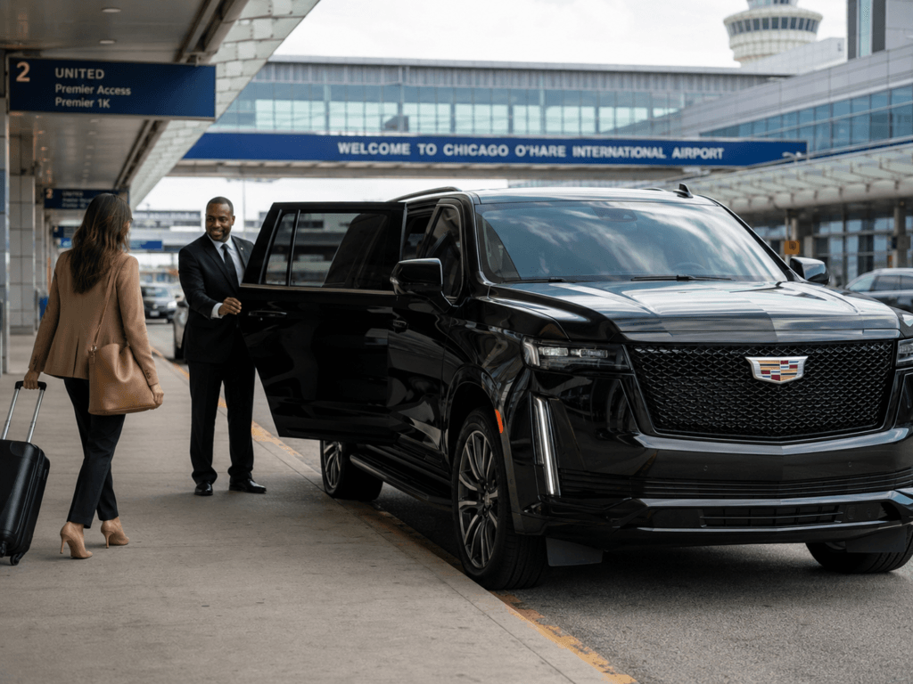Milwaukee to O’Hare limo — luxury black sedan at O’Hare terminal Comfortable cabin for the Chicago to Milwaukee drive