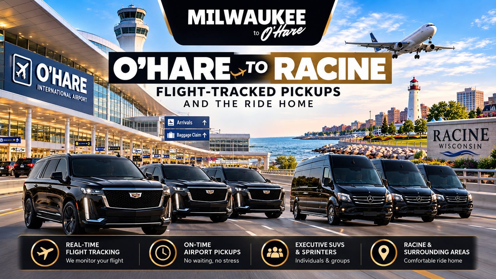 O'Hare to Racine car service by Milwaukee to O'Hare, Cadillac Escalades and Mercedes Sprinter vans leaving the O'Hare terminal