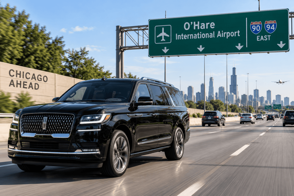point to point limousine from wisconsin to chicago airports Airport limo service — black car at the terminal for a Wisconsin-to-Chicago transfer