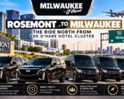 Rosemont to Milwaukee car service by Milwaukee to O'Hare, Cadillac Escalades and Mercedes Sprinter vans leaving the O'Hare hotel area