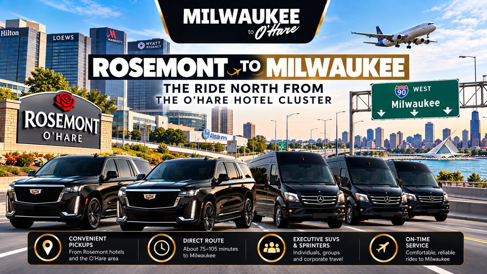 rosemont-to-milwaukee-car-service Rosemont to Milwaukee car service by Milwaukee to O'Hare, Cadillac Escalades and Mercedes Sprinter vans leaving the O'Hare hotel area