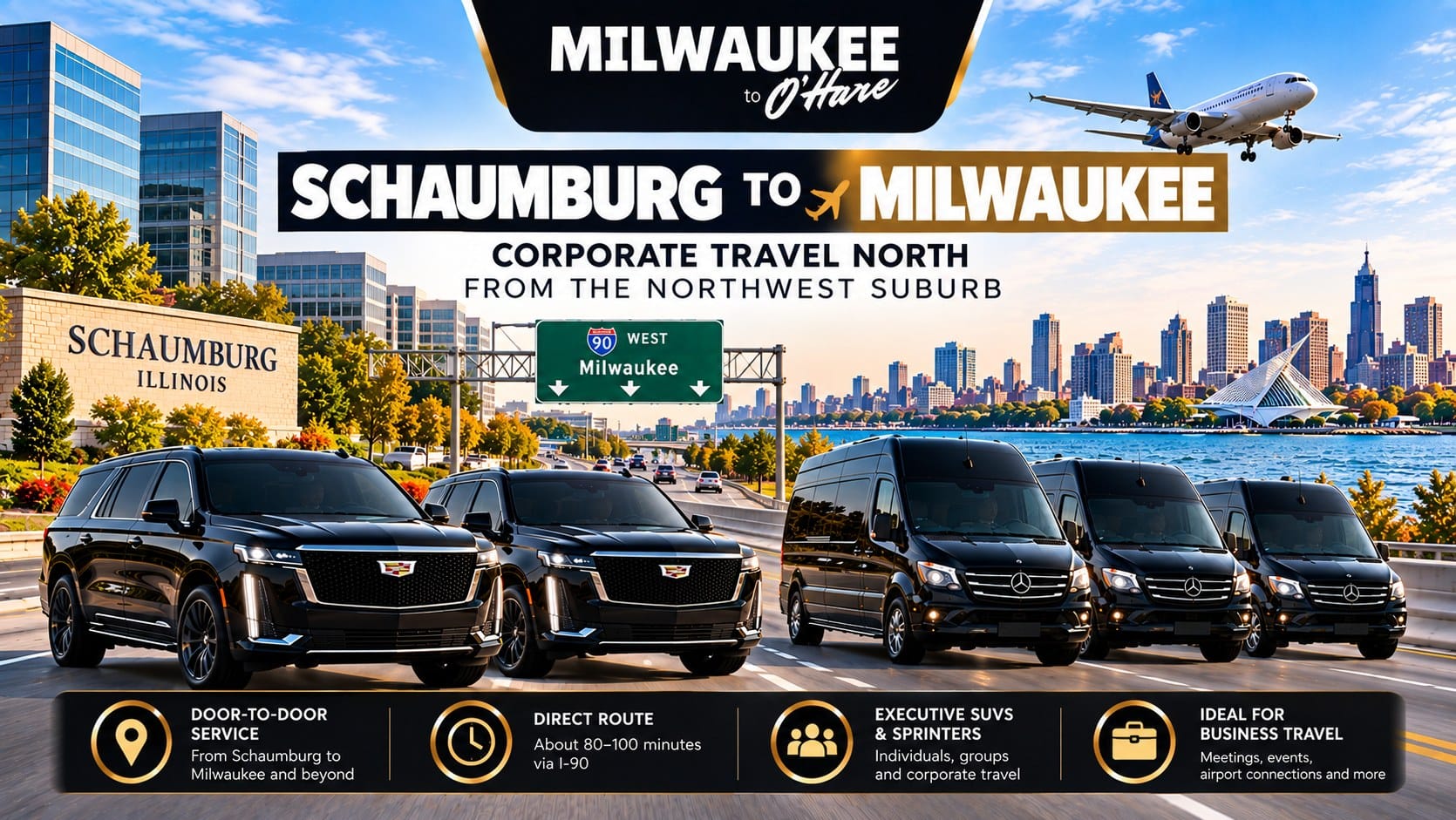 Schaumburg to Milwaukee car service by Milwaukee to O'Hare, Cadillac Escalades and Mercedes Sprinter vans for corporate travel