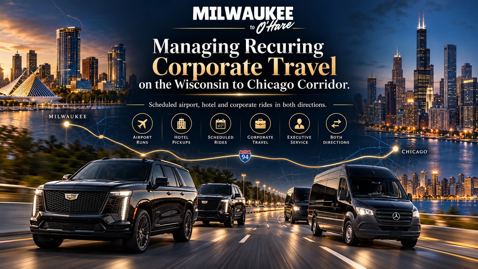 Recurring corporate car service between Milwaukee and Chicago by Milwaukee to O'Hare, Cadillac Escalades and Mercedes Sprinter vans on I-94