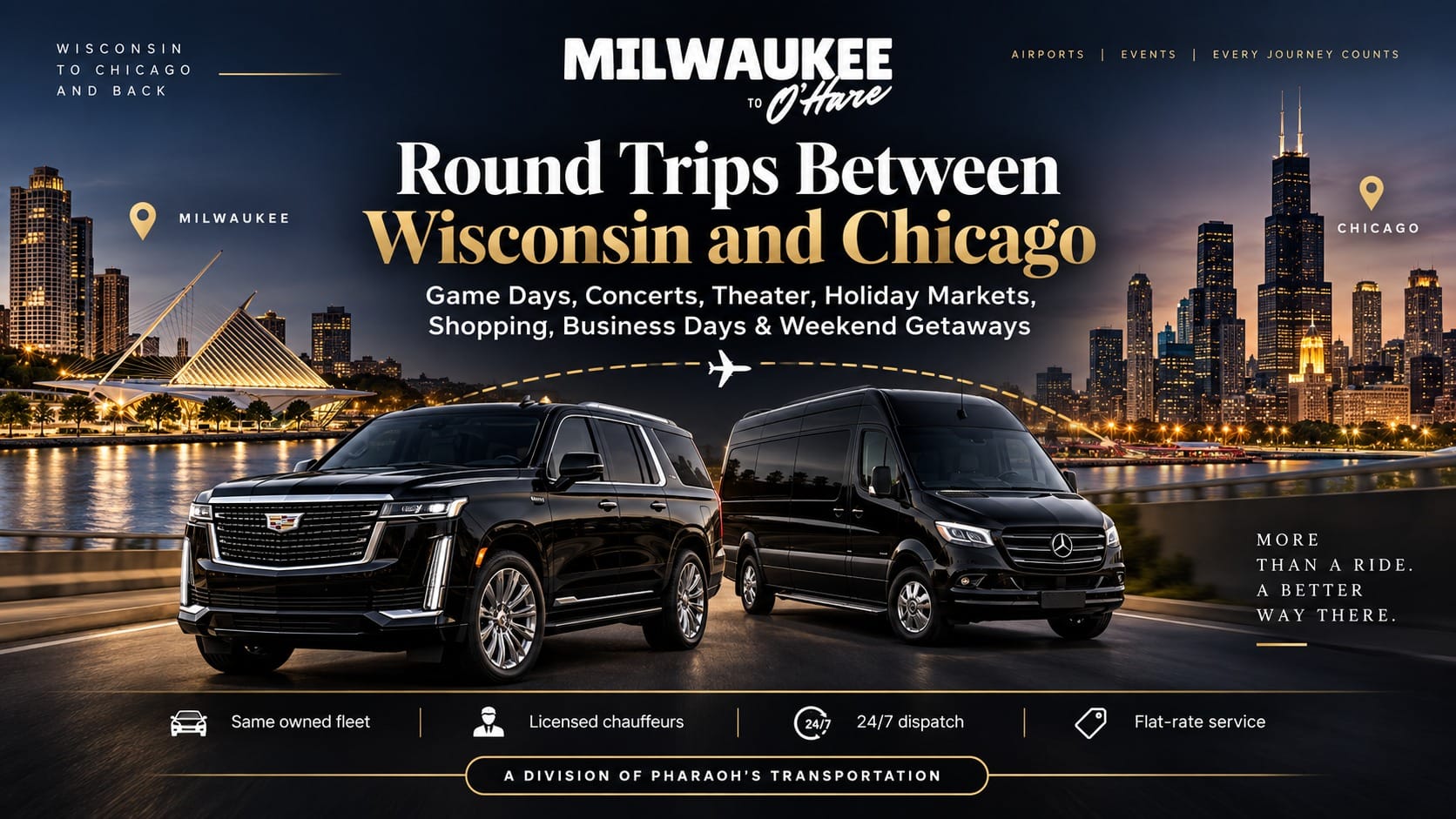 Milwaukee to O'Hare round trips for game days, concerts, theater, shopping and business trips between Wisconsin and Chicago