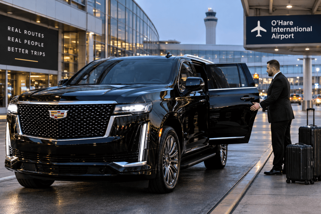 Wisconsin to O’Hare car service cost with a black luxury SUV at Chicago O’Hare Airport