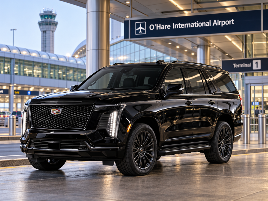 Black Cadillac Escalade parked outside Chicago O'Hare International Airport for luxury airport transportation.