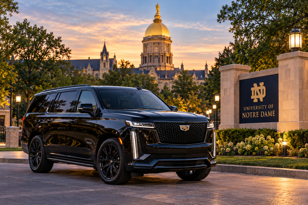 Cadillac Escalade Luxury Transportation at Notre Dame University Milwaukee limo service — black luxury sedan against the Milwaukee skyline
