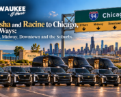 Milwaukee to O’Hare black Mercedes Sprinter vans and SUVs near the Kenosha and Racine, Wisconsin welcome signs with an I-94 Chicago highway sign and the Chicago skyline at sunset, for car service between Kenosha, Racine and Chicago both ways