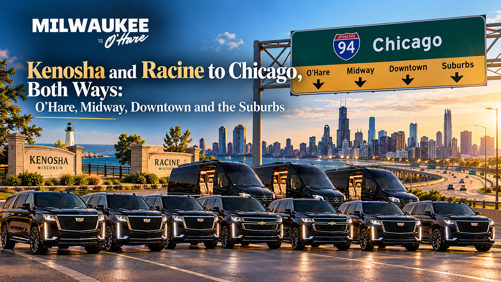 Milwaukee to O’Hare black Mercedes Sprinter vans and SUVs near the Kenosha and Racine, Wisconsin welcome signs with an I-94 Chicago highway sign and the Chicago skyline at sunset, for car service between Kenosha, Racine and Chicago both ways