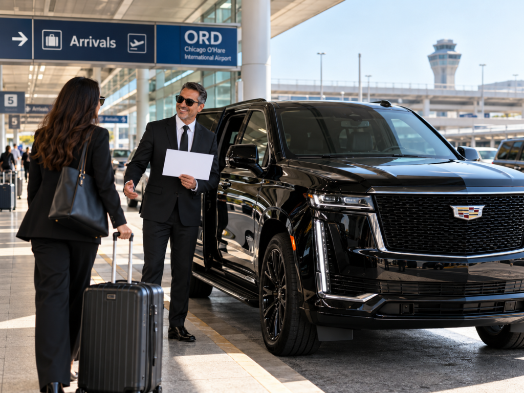 Airport limo service — black car at the terminal for a Wisconsin-to-Chicago transfer