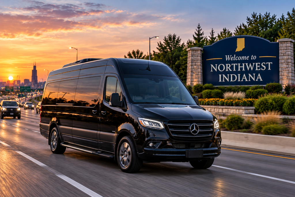 Mercedes-Benz Sprinter Group Transportation in Northwest Indiana Luxury vehicle on the highway leaving Milwaukee