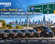 Milwaukee to O’Hare black Mercedes Sprinter vans and SUVs near the Janesville, Beloit and Rock County Wisconsin sign with an I-90 Chicago highway sign and the Chicago skyline behind, for car service to Chicago both ways