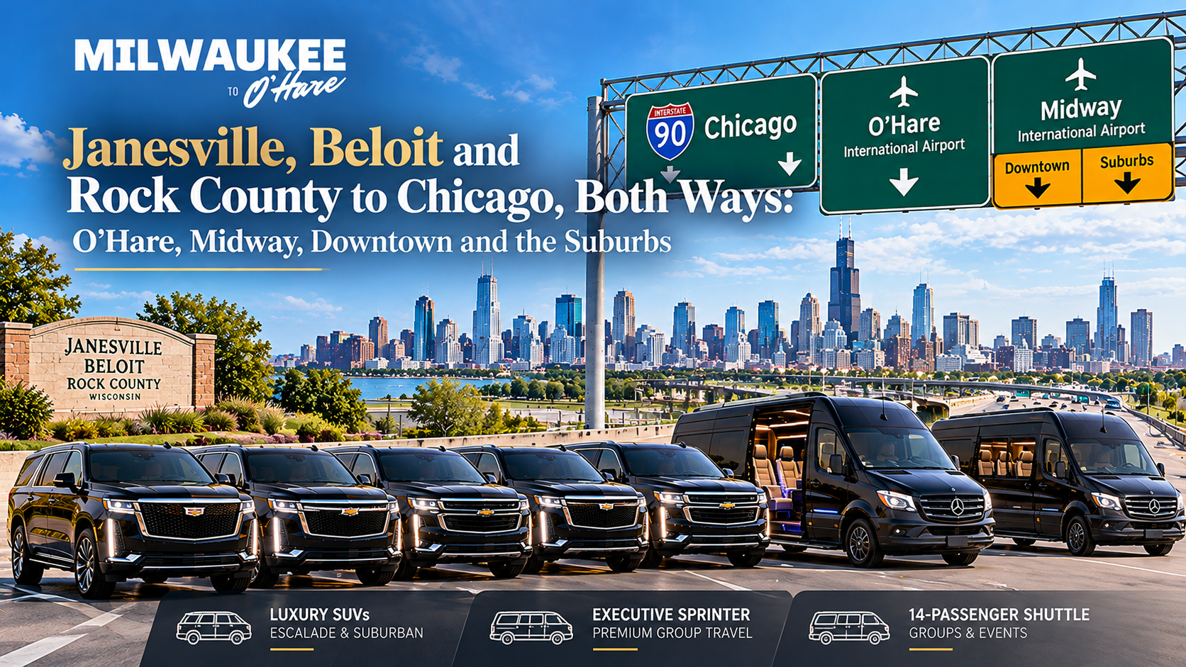 Milwaukee to O’Hare black Mercedes Sprinter vans and SUVs near the Janesville, Beloit and Rock County Wisconsin sign with an I-90 Chicago highway sign and the Chicago skyline behind, for car service to Chicago both ways