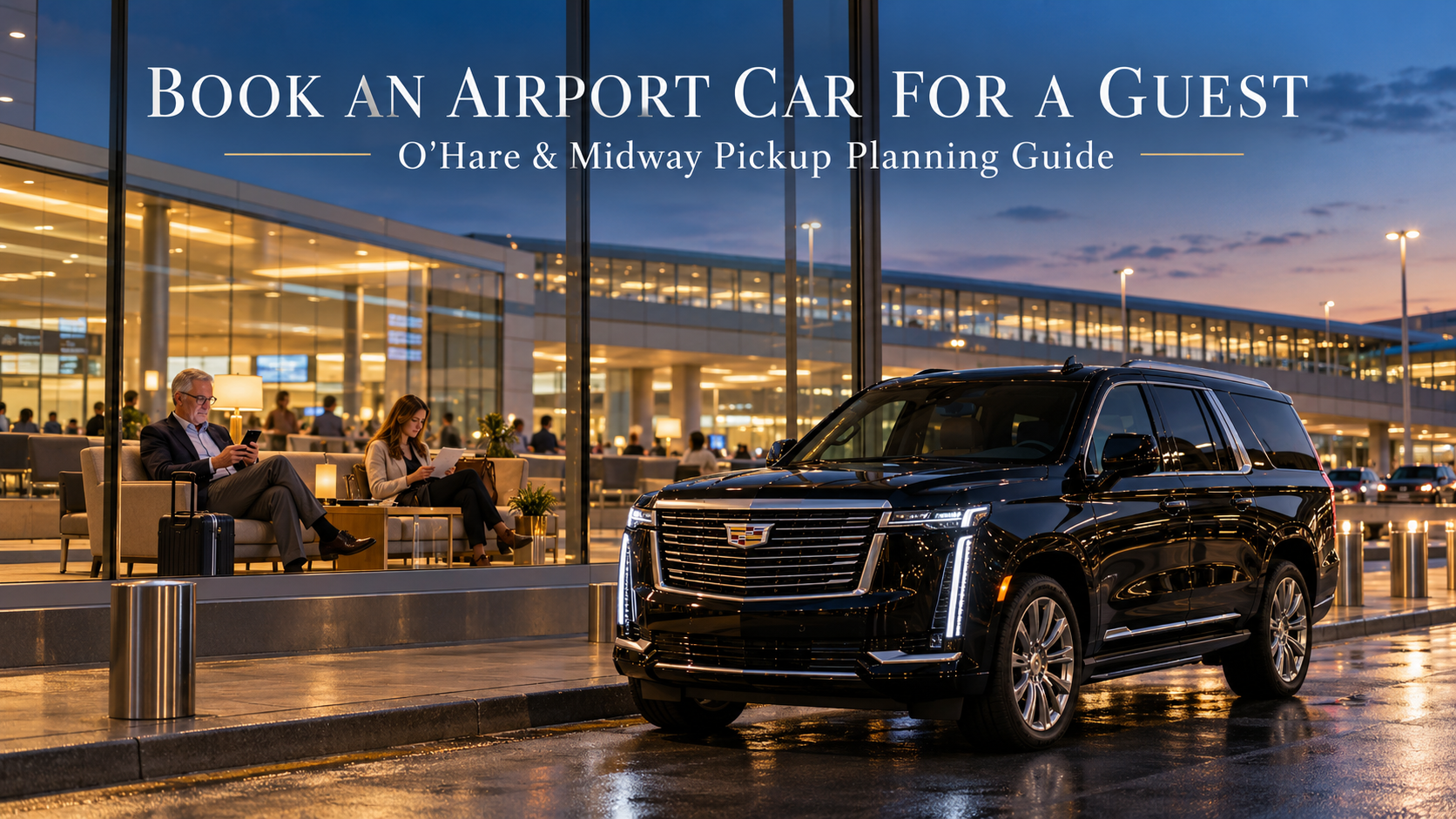 Traveler checks a prearranged private airport pickup confirmation while a black 2026 Cadillac Escalade waits outside a Chicago airport arrivals area.