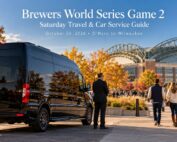 Brewers World Series Game 2 car service featuring a black 2026 Mercedes-Benz Executive Sprinter near American Family Field in Milwaukee.